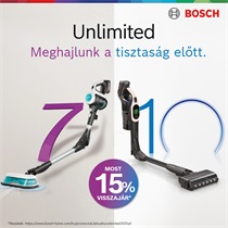 Bosch Unlimited vezeték nélküli porszívók 15% pénzvisszatérítéssel