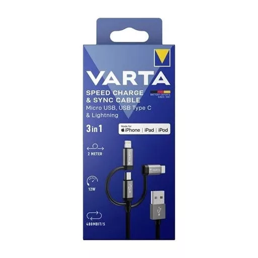Varta 57937101111 3-az-1-ben USB A–Light/Micro/C adat/töltő kábel, 2m