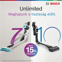 Bosch Unlimited vezeték nélküli porszívók 15% pénzvisszatérítéssel